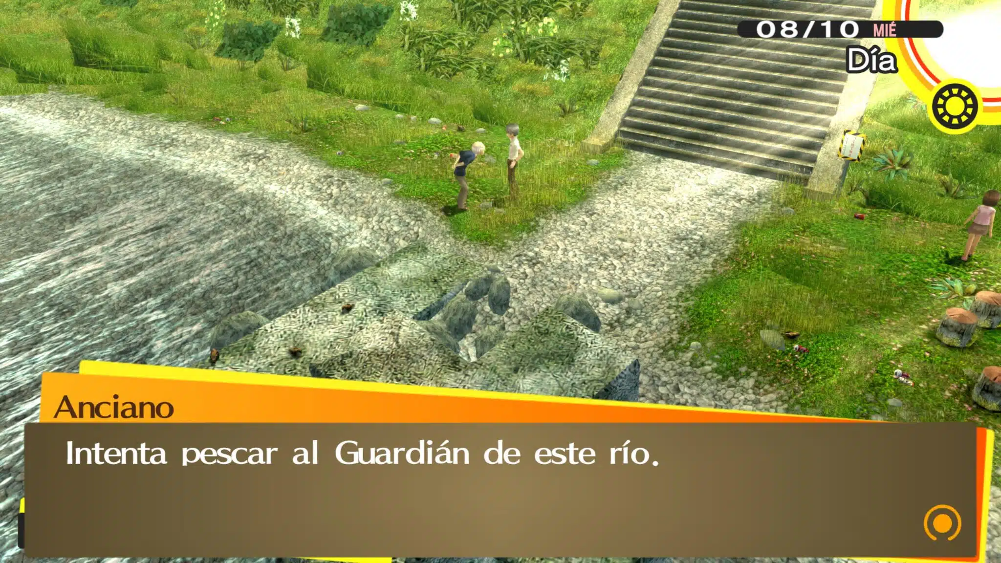 El anciano pescador retándonos a pescar el Guardián del río Samegawa